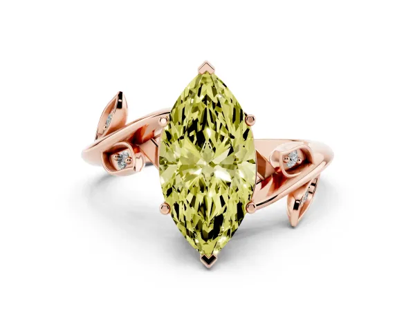 Fancy Yellow Marquise Cut Solitaire Twist Engagement Ring with Leaf Accents and Prong Setting Rose gold