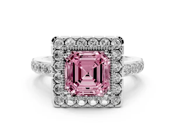Fancy Pink Asscher Cut Diamond Halo Ring with Pavé Band and Prong Setting White gold