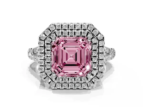 Fancy Pink Asscher Cut Diamond Pavé Split Shank Double Halo Engagement Ring Platinum