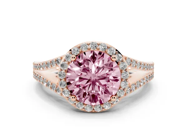Fancy Pink Round Cut Halo Split Shank Pave Diamond Ring with Four-Prong Setting Rose gold