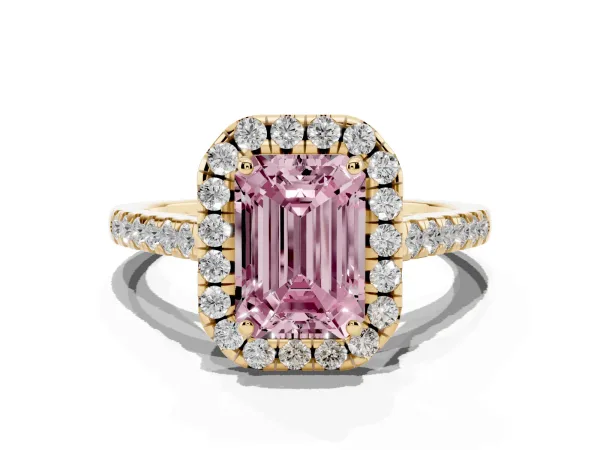 Fancy Pink Emerald Cut Halo Pave Diamond Engagement Ring with Four-Prong Setting Yellow gold