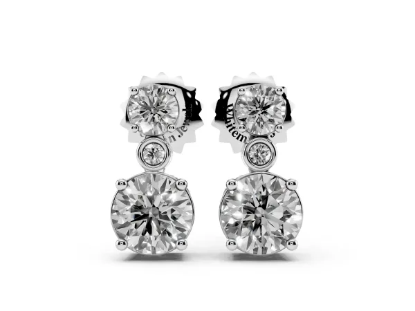 Round Diamond Two Stone Drop Earrings with Bezel Diamond Accent Platinum