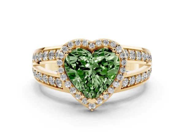 Fancy Green Heart Cut Diamond Halo Ring with Split Shank Pavé Band and Four-Prong Setting Yellow gold