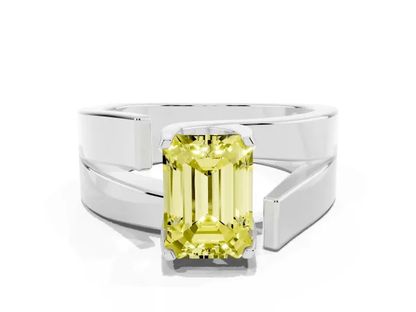 Fancy Yellow Modern Tension Set Emerald Cut Diamond Solitaire Wide Band Ring Platinum
