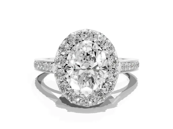 Oval Cut Diamond Floral Halo Ring with Pavé Band and Prong Setting Platinum