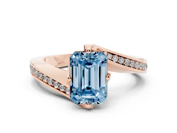 Fancy Blue Emerald Cut Solitaire Diamond Twist Band with Pavé Setting and Four-Prong Setting Rose gold