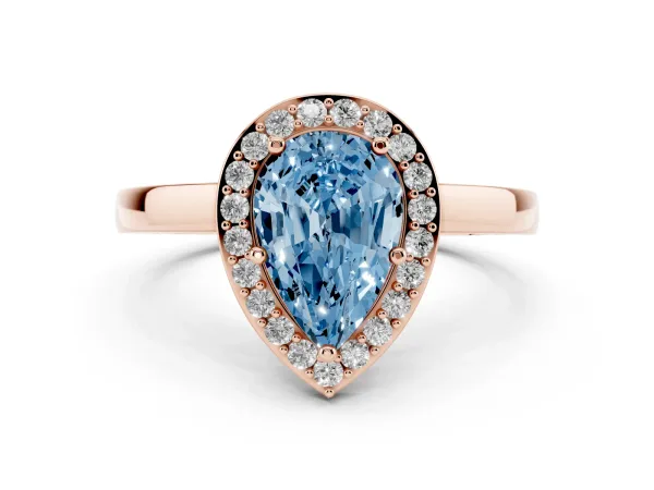 Fancy Blue Pear Cut Halo Diamond Ring with Solitaire Band and Prong Setting Rose gold