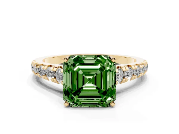 Fancy Green Asscher Cut Diamond Cathedral Solitaire Ring with Round Pavé Band Yellow gold