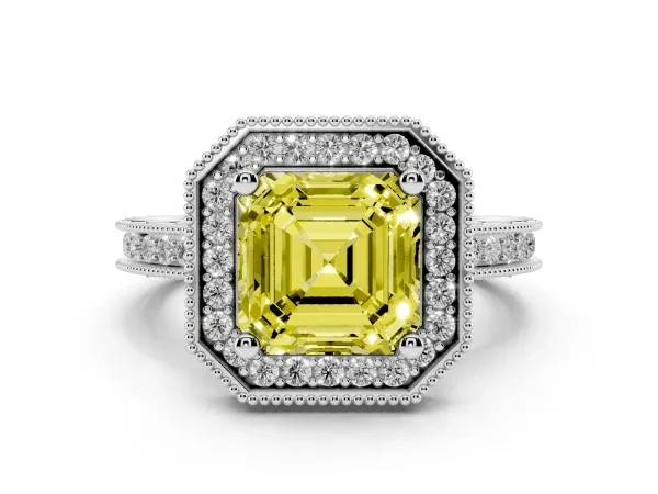 Fancy Yellow Asscher Cut Diamond Milgrain Halo Engagement Ring with Round Pavé Band and Prong Setting White gold
