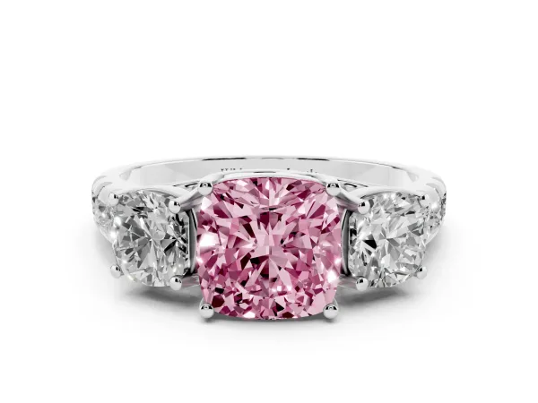 Fancy Pink Three-Stone Cushion Cut Diamond Pavé Band with Prong Setting White gold