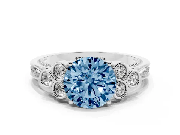 Fancy Blue Round Cut Cut Diamond Engagement Ring with Bezel Set Round Side Stones and Prong Setting White gold