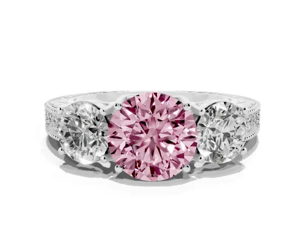Fancy Pink Three-Stone Round Cut Cut Milgrain Pavé Engagement Ring White gold