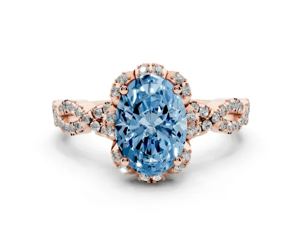 Fancy Blue Oval Cut Halo Twist Band Solitaire Ring with Six-Prong Setting Rose gold