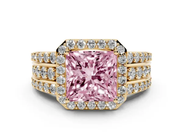 Fancy Pink Princess Cut Halo Diamond Ring with Round Split Shank and Prong Setting Yellow gold