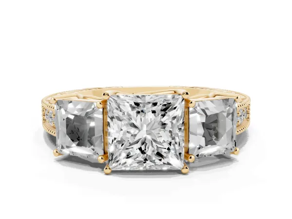 Three-Stone Princess Cut Cut Milgrain Pavé Engagement Ring Yellow gold