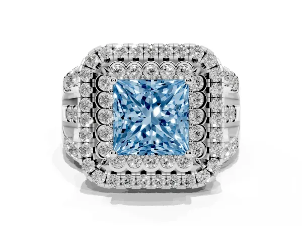 Fancy Blue Princess Cut Diamond Double Halo Ring with Round Pavé Split Shank and Prong Setting Platinum