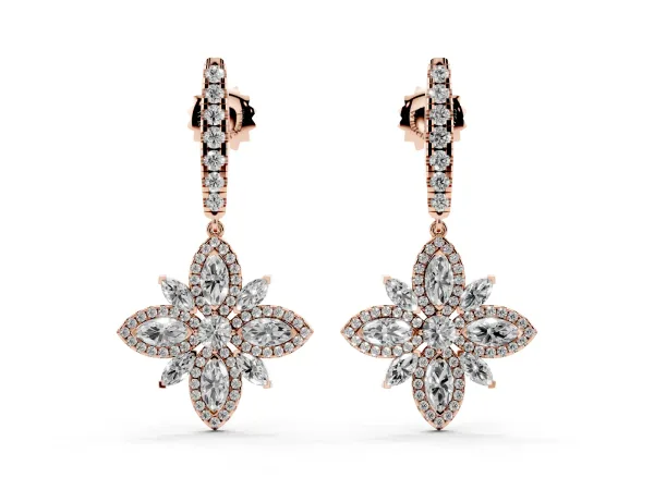 Marquise and Round Diamond Floral Huggie Drop Earrings Rose gold
