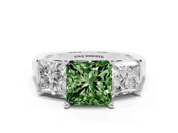 Fancy Green Three-Stone Princess Cut Brilliant Diamond Trellis Ring with Comfort Fit Band White gold