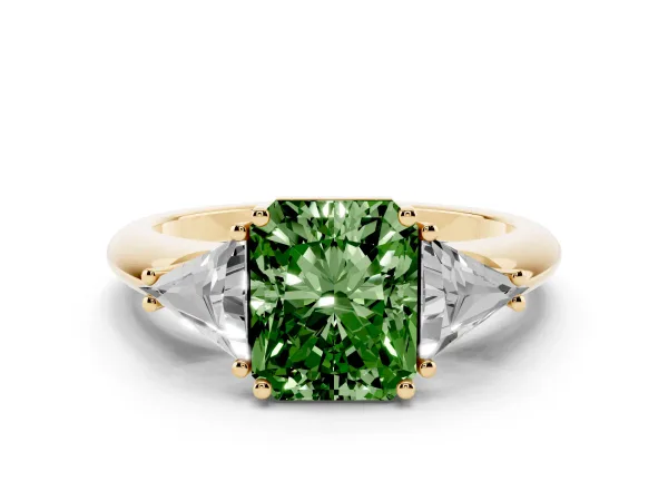 Fancy Green Three-Stone Radiant Cut Diamond Engagement Ring with Trillion Side Stones and Prong Setting Yellow gold