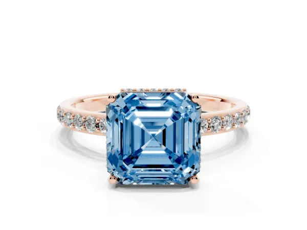 Fancy Blue Asscher Cut Diamond Solitaire Ring with Pavé Band and Hidden Halo Rose gold