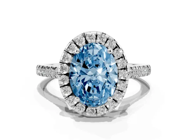 Fancy Blue Oval Cut Diamond Cushion Halo Ring with Pavé Band Platinum
