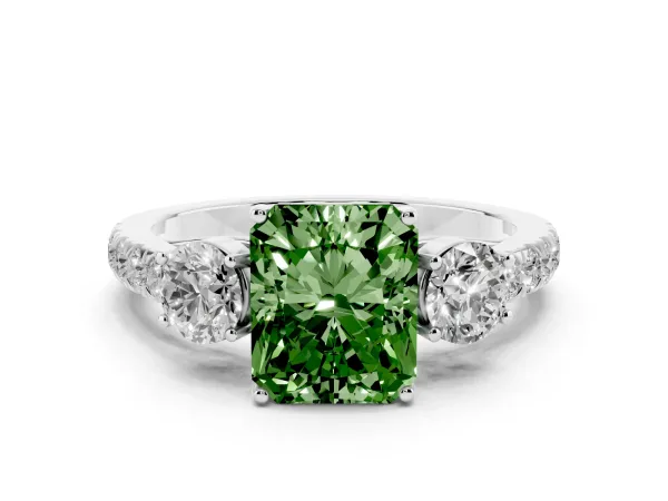 Fancy Green Radiant Cut Cut Diamond Three-Stone Ring with Round Side Stones and Pavé Band Platinum