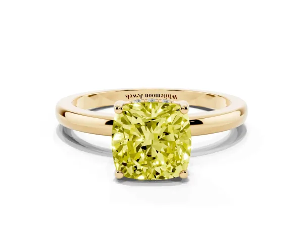 Fancy Yellow Cushion Cut Solitaire Diamond Ring with Prong Setting and Plain Band Yellow gold