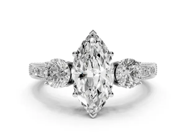 Marquise Cut Three-Stone Diamond Ring with Pavé Band and Four-Prong Setting Platinum