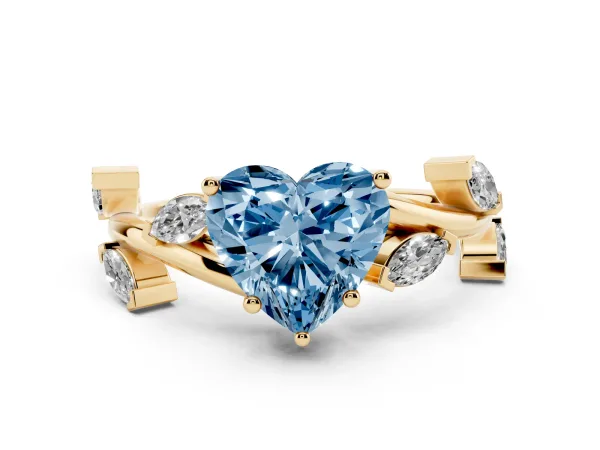 Fancy Blue Heart Cut Solitaire Twisted Band Marquise Accent Prong Setting Ring Yellow gold