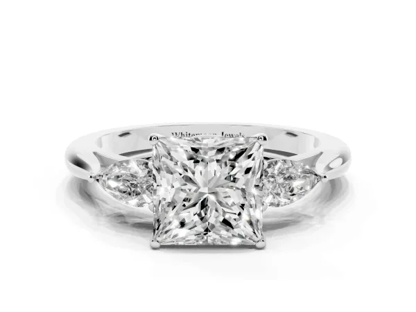 Three-Stone Princess Cut Diamond Ring with Pear Side Stones in Four-Prong Setting Platinum