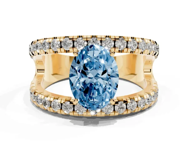 Fancy Blue Oval Cut Solitaire Split Shank Pave Diamond Ring Yellow gold