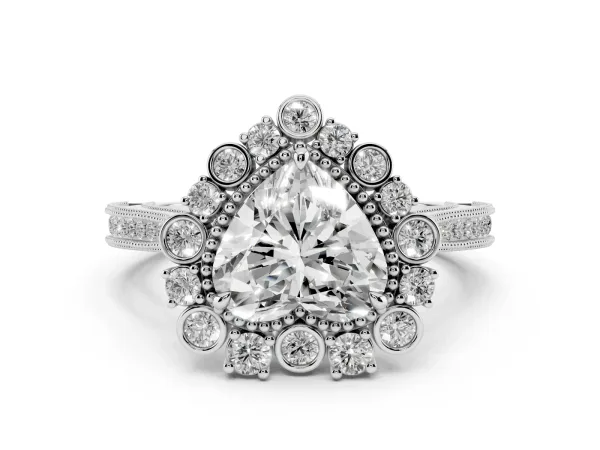 Heart Cut Halo Milgrain Pave Diamond Ring with Four-Prong Setting White gold