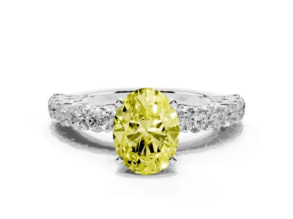 Fancy Yellow Oval Cut Diamond Solitaire Ring with Shared Prong Pavé Band and Four-Prong Setting Platinum