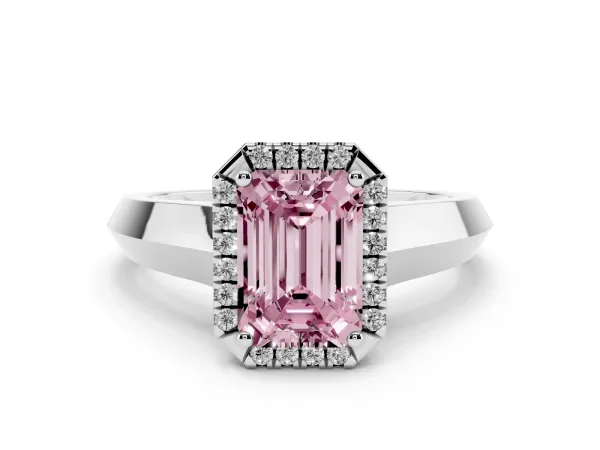 Fancy Pink Emerald Cut Halo Diamond Ring with Cathedral Band and Four-Prong Setting White gold