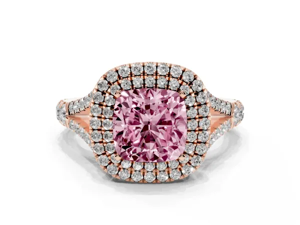 Fancy Pink Cushion Cut Diamond Pavé Split Shank Double Halo Engagement Ring Rose gold