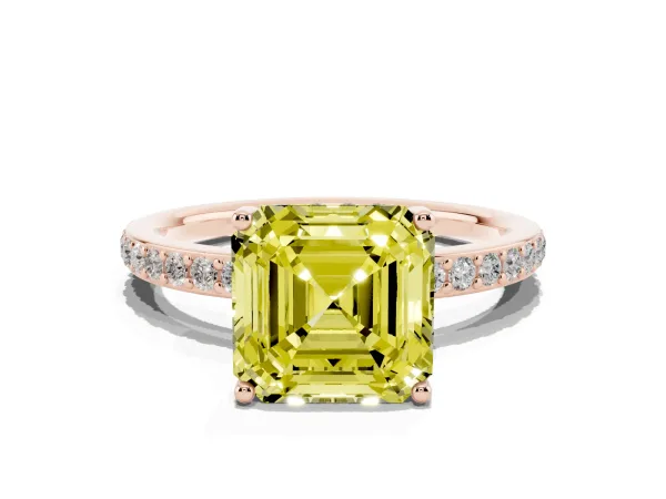 Fancy Yellow Asscher Cut Cut Diamond Pavé Band Ring with Four-Prong Setting Rose gold