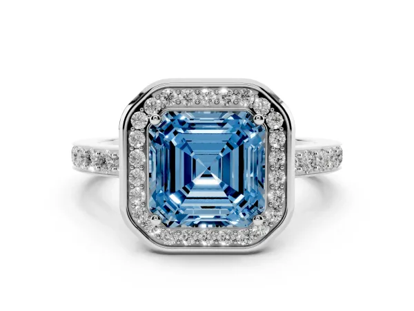 Fancy Blue Asscher Cut Diamond Halo Ring with Bezel Frame and Pavé Band Platinum