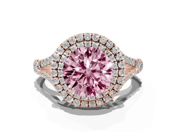 Fancy Pink Double Halo Round Cut Diamond Split Shank Engagement Ring with Four-Prong Setting Rose gold