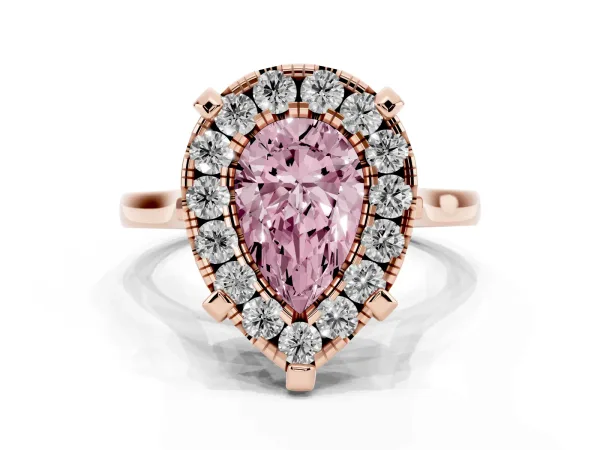 Fancy Pink Pear Cut Diamond Cluster Halo Solitaire with Four-Prong Setting Rose gold