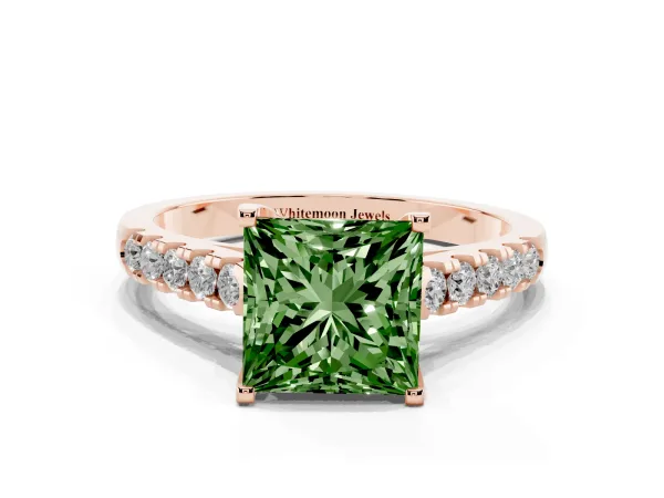 Fancy Green Princess Cut Diamond Pavé Band Solitaire Ring with Prong Setting Rose gold