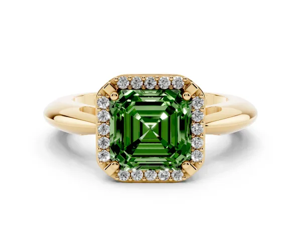 Fancy Green Asscher Cut Cut Diamond Halo Engagement Ring with Split Shank and Four-Prong Setting Yellow gold