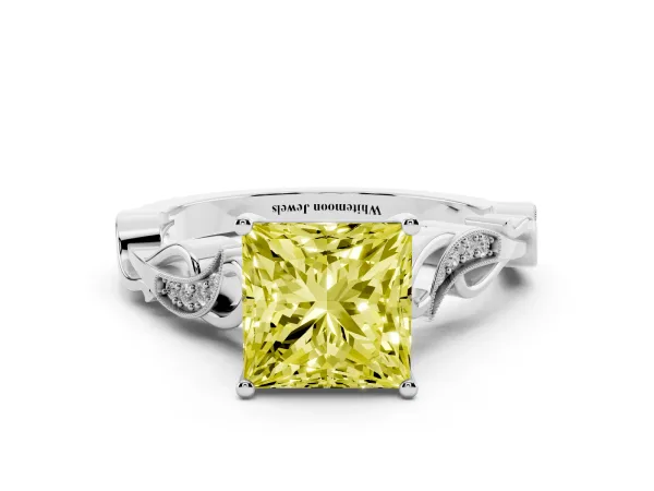 Fancy Yellow Princess Cut Solitaire Vine Band with Milgrain Prong Setting Platinum