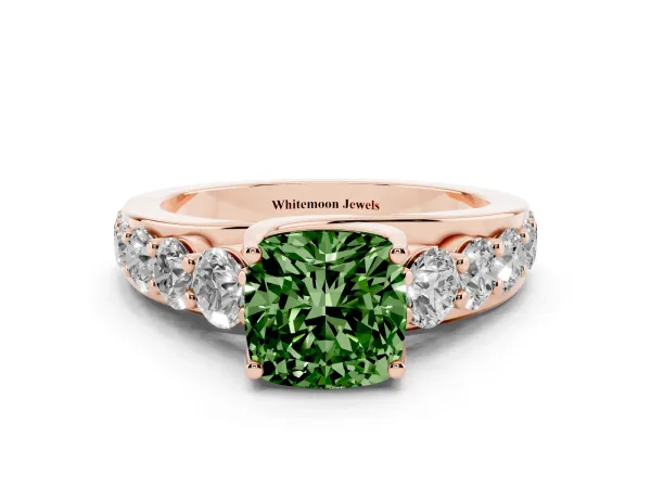 Fancy Green Cushion Cut Diamond Engagement Ring with Pavé Band and Four-Prong Setting Rose gold