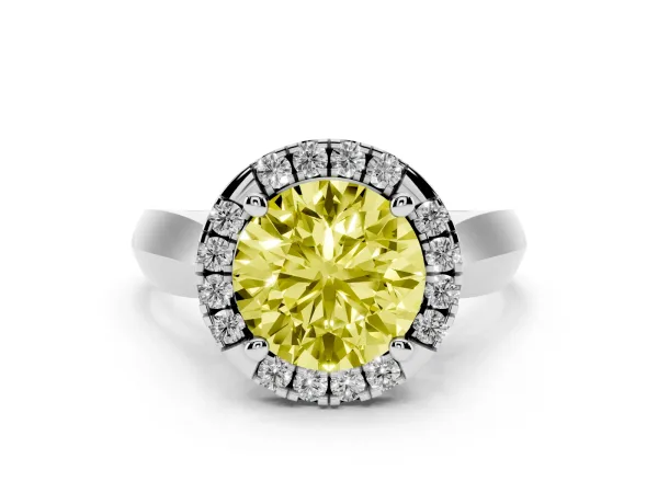 Fancy Yellow Round Cut Cut Halo Solitaire Engagement Ring with Square Band and Four-Prong Setting White gold