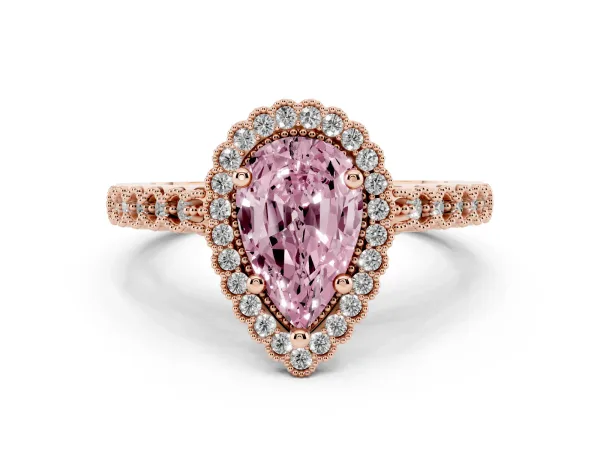 Fancy Pink Pear Cut Cut Halo Pavé Solitaire Ring with Milgrain Band Rose gold