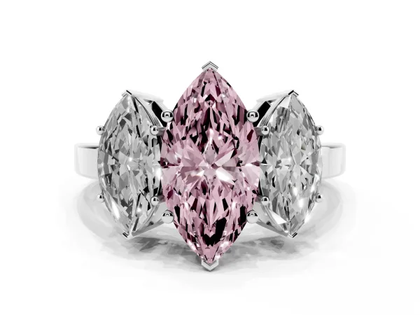 Fancy Pink Three-Stone Marquise Cut Cut Diamond Engagement Ring with Flat Band and Four-Prong Setting White gold