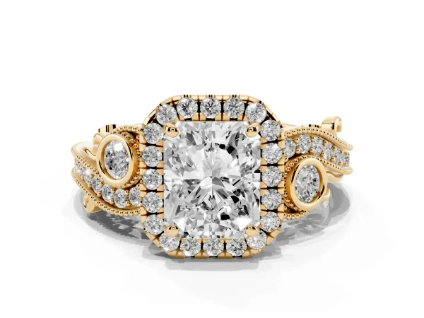 Radiant Cut Halo Diamond Ring with Milgrain and Bezel Accents on a Split Shank Band Yellow gold