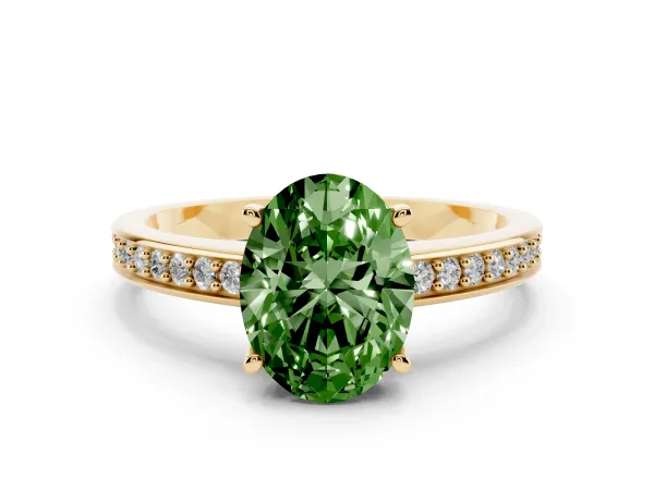 Fancy Green Oval Cut Solitaire Pavé Band Prong Setting Ring Yellow gold