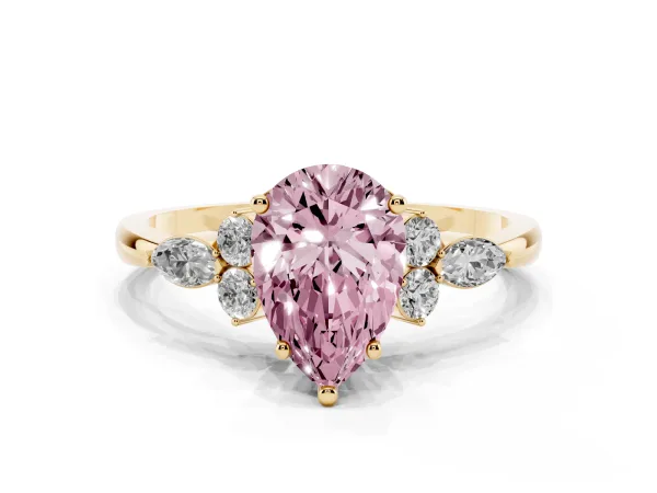 Fancy Pink Pear Cut Brilliant Diamond Solitaire Ring with Pear Side Stones and Four-Prong Setting Yellow gold