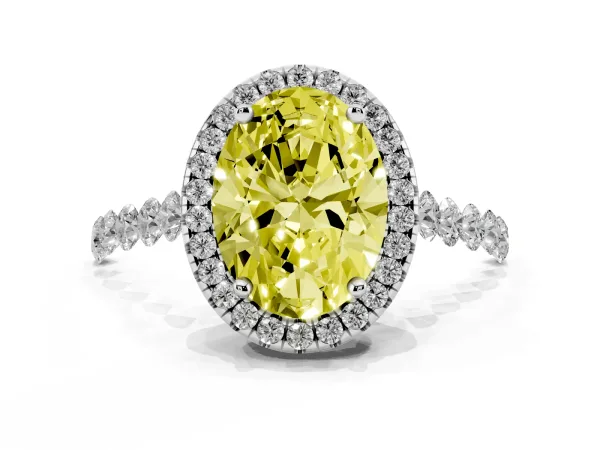 Fancy Yellow Oval Cut Halo Pavé Diamond Engagement Ring with Four-Prong Setting Platinum